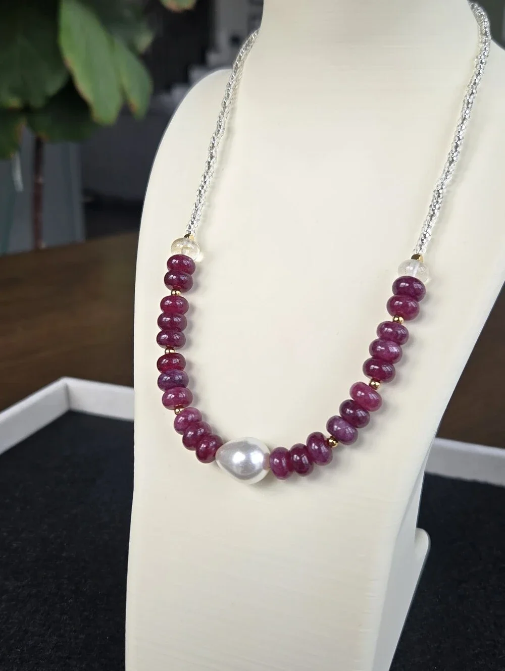 Handcrafted Semiprecious Purple Jade Necklace with Swarovski Pearl Accent